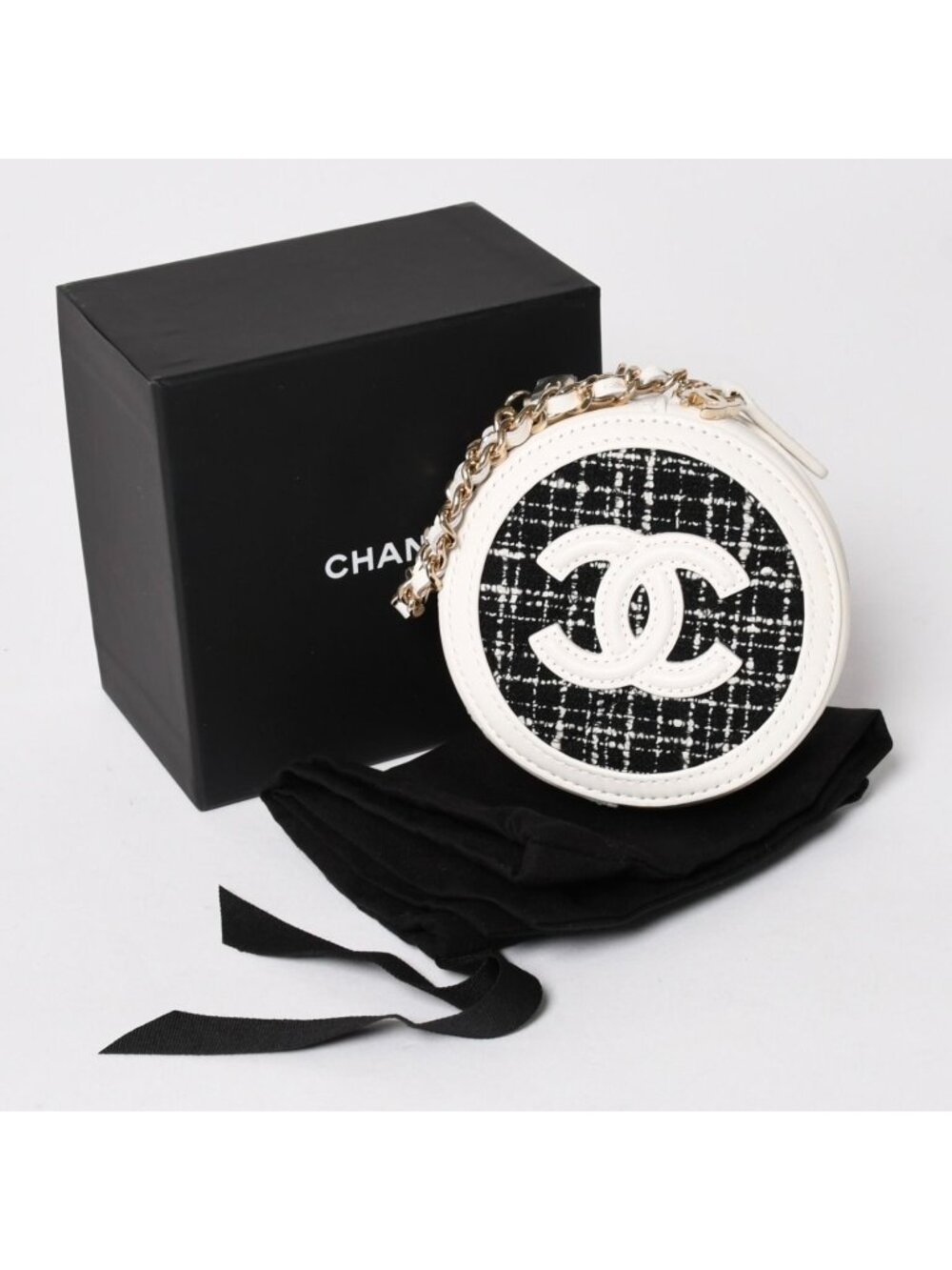 Chanel Round Chain Pouch CC Logo Stand Black White Tweed Leather Silver
